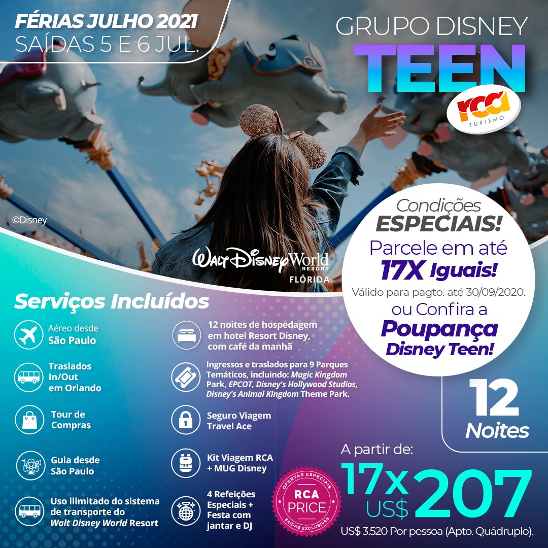 RCATurismo's tweet photo. Nossos grupos exclusivos para o Walt Disney World estão de volta! Quem aí estava com saudades? 🤗

Agora você pode garantir sua viagem dos sonhos em até 17x iguais! Aproveite as condições, reserve seu lugar até 30/09.

📌 Saiba mais: https://t.co/pNdCTMoUaW

#WaltDisneyWorld https://t.co/A2Q01U2BRH