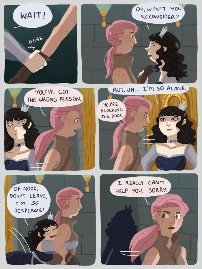 Every once in a while I remember some very old comics I did. One of my favourites was Porcelain Princess, about a princess and a thief learning to escape together. I read it again today and I forgot how much of it was me trying to detangle gay feelings. https://t.co/tvaTm9vomB 