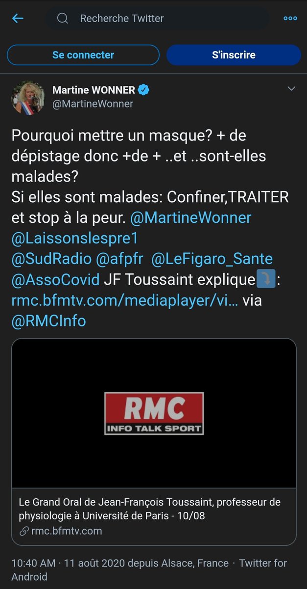  @MartineWonner Élue qui use de son statut, pro HCQ, anti masques, complotisme BigPharma, diffuse de la désinformation et à produit une mauvaise étude dans une revue prédatrice avec  @ViolaineGuerin et RT Pr Perronne... Vraiment ?  https://www.lequotidiendumedecin.fr/actus-medicales/politique-de-sante/cosignataire-dune-tribune-pour-la-liberte-de-prescrire-lhydroxychloroquine-la-deputee-et-psychiatre http://www.mimiryudo.com/blog/2020/08/le-meilleur-article-de-tous-les-temps/