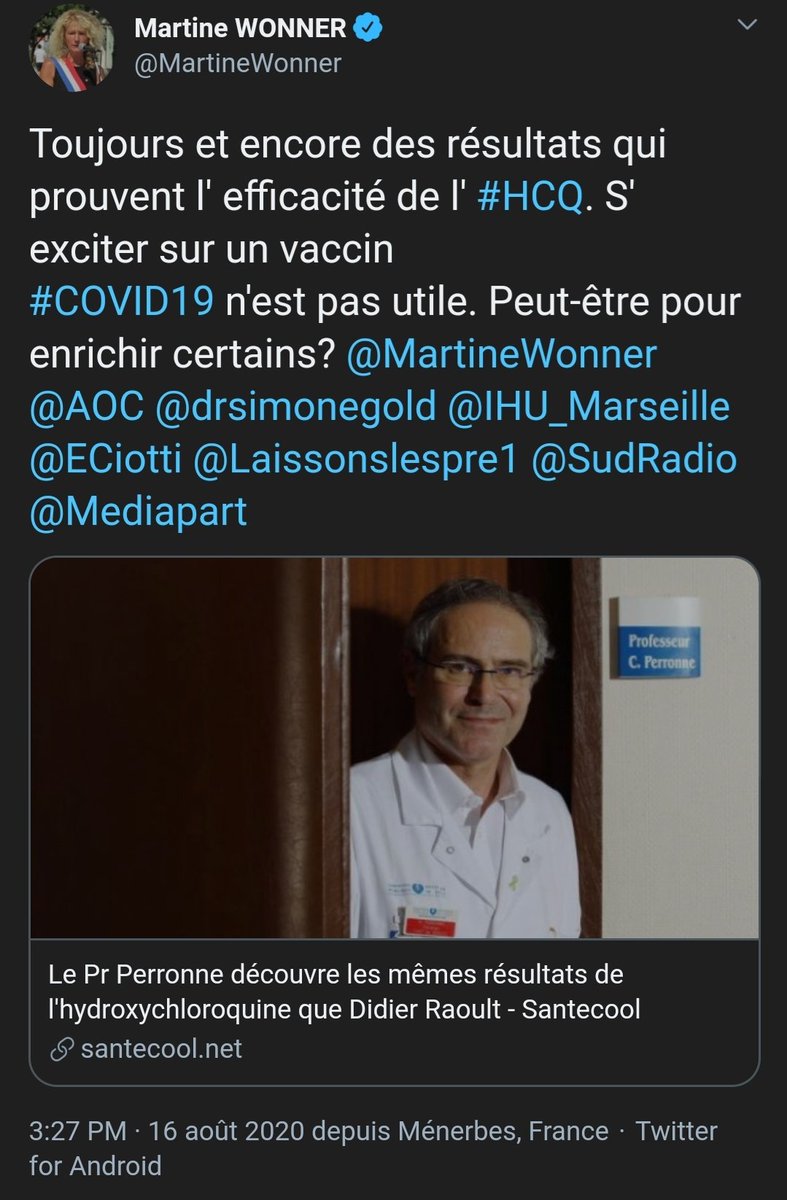  @MartineWonner Élue qui use de son statut, pro HCQ, anti masques, complotisme BigPharma, diffuse de la désinformation et à produit une mauvaise étude dans une revue prédatrice avec  @ViolaineGuerin et RT Pr Perronne... Vraiment ?  https://www.lequotidiendumedecin.fr/actus-medicales/politique-de-sante/cosignataire-dune-tribune-pour-la-liberte-de-prescrire-lhydroxychloroquine-la-deputee-et-psychiatre http://www.mimiryudo.com/blog/2020/08/le-meilleur-article-de-tous-les-temps/