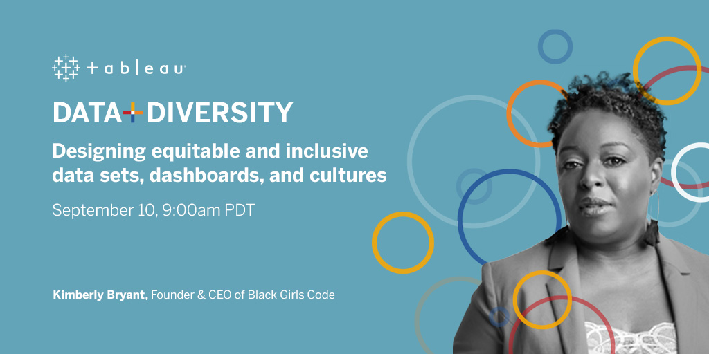 tableau's tweet image. Introducing #DataPlusDiversity—a series of conversations on diversity advocacy and experiences from our data community. Join us next Thursday for a fireside chat with @6Gems, plus a panel discussion with the Tableau community. RSVP here: tabsoft.co/31XiE2A