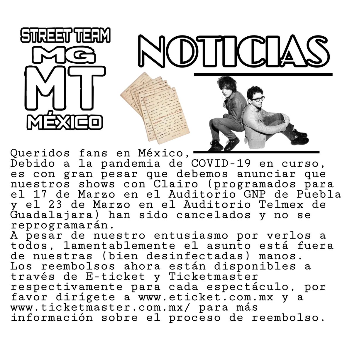 MGMTMex's tweet photo. NOTA: Entendemos los motivos de la cancelación y aunque el sueño de ver a @whoismgmt en una gira por nuestro país queda truncado, expresamos nuestro apoyo total a la banda y a su decisión.

México siempre esperara por tener a los MGMT's de vuelta en nuestro país, los amamos ❤️ https://t.co/7x1E4UhIVk