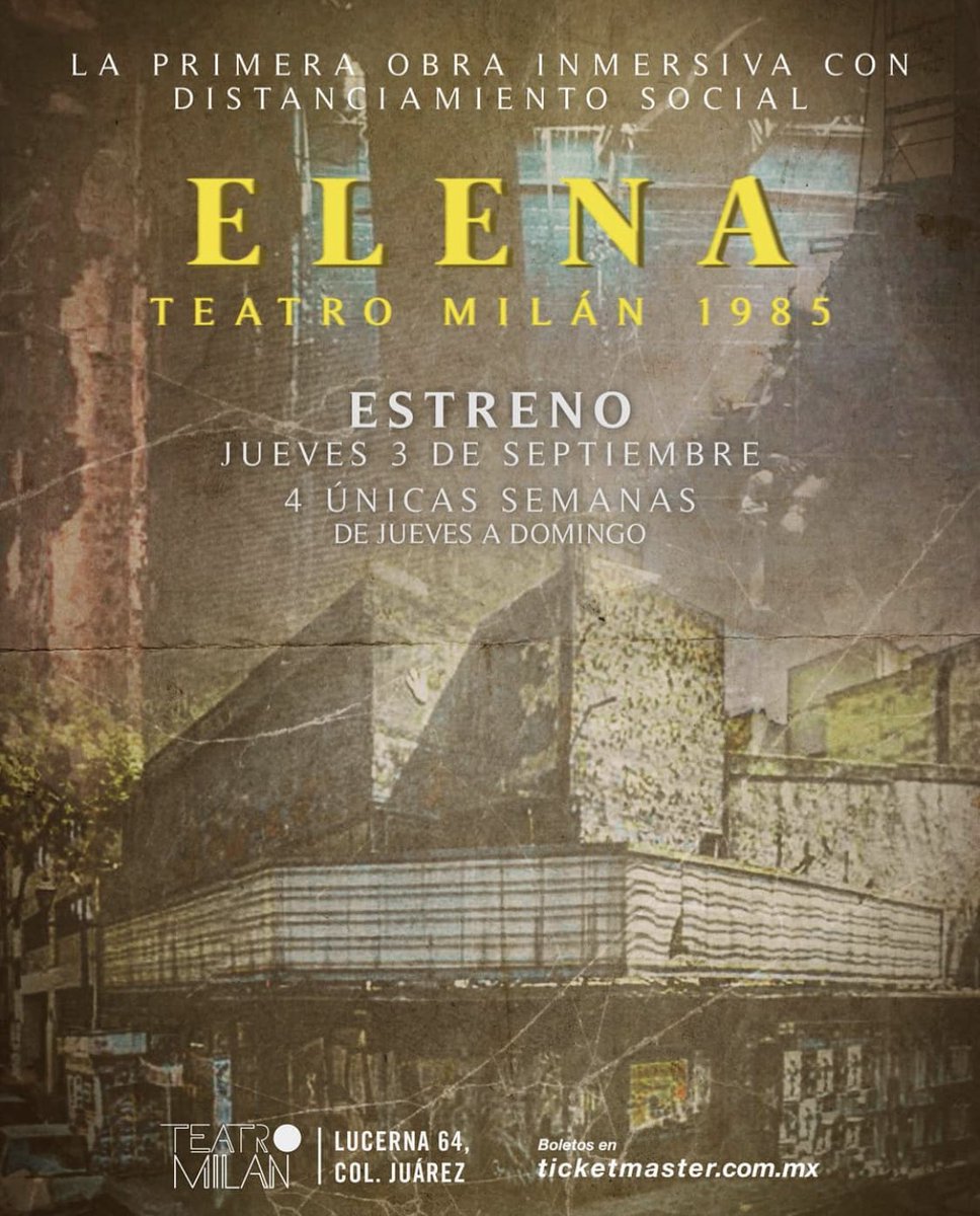 #Cartelera

¡Comenzamos las recomendaciones para disfrutar del teatro! 

Diseñado con base en las nuevas reglas de seguridad y sana distancia llega #Elena al <a href="/teatro_milan/">Teatro Milán</a>.

Cada función cuenta con solo 10 espectadores. 

Boletos e información en <a href="/Ticketmaster_Me/">Ticketmaster México</a>.