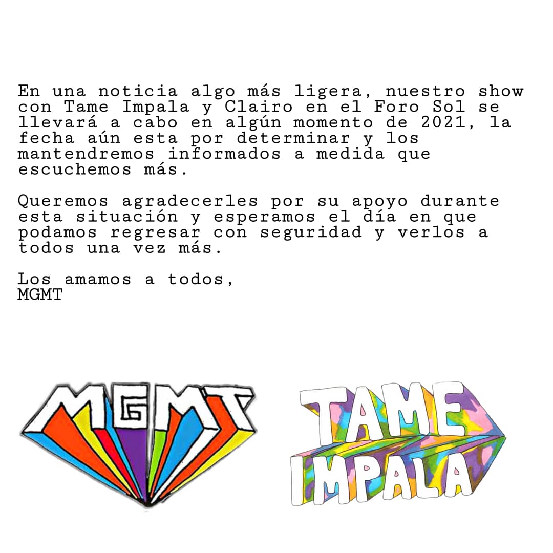 MGMTMex's tweet photo. NOTA: Entendemos los motivos de la cancelación y aunque el sueño de ver a @whoismgmt en una gira por nuestro país queda truncado, expresamos nuestro apoyo total a la banda y a su decisión.

México siempre esperara por tener a los MGMT's de vuelta en nuestro país, los amamos ❤️ https://t.co/7x1E4UhIVk