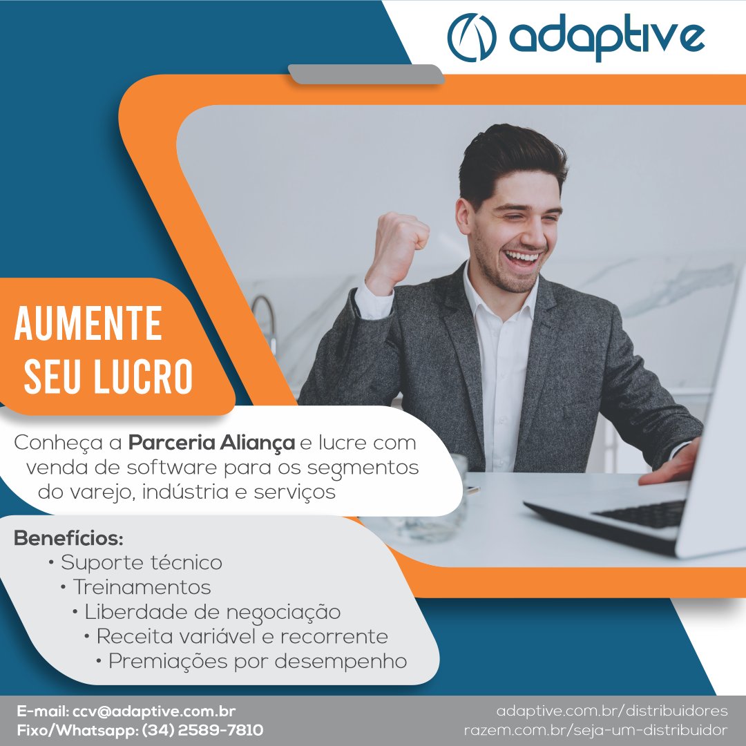 adaptivesoft's tweet photo. Conheça a Parceria Aliança e se torne um profissional bem-sucedido na sua região vendendo sistemas de gestão consolidados no segmentos do varejo, indústria e serviços.
👉🏽 Saiba mais: https://t.co/lT6DEAAo0W
#vendadesoftware #distribuicaosoftware #adaptive #parceriaalianca https://t.co/cUMqFmdsc9