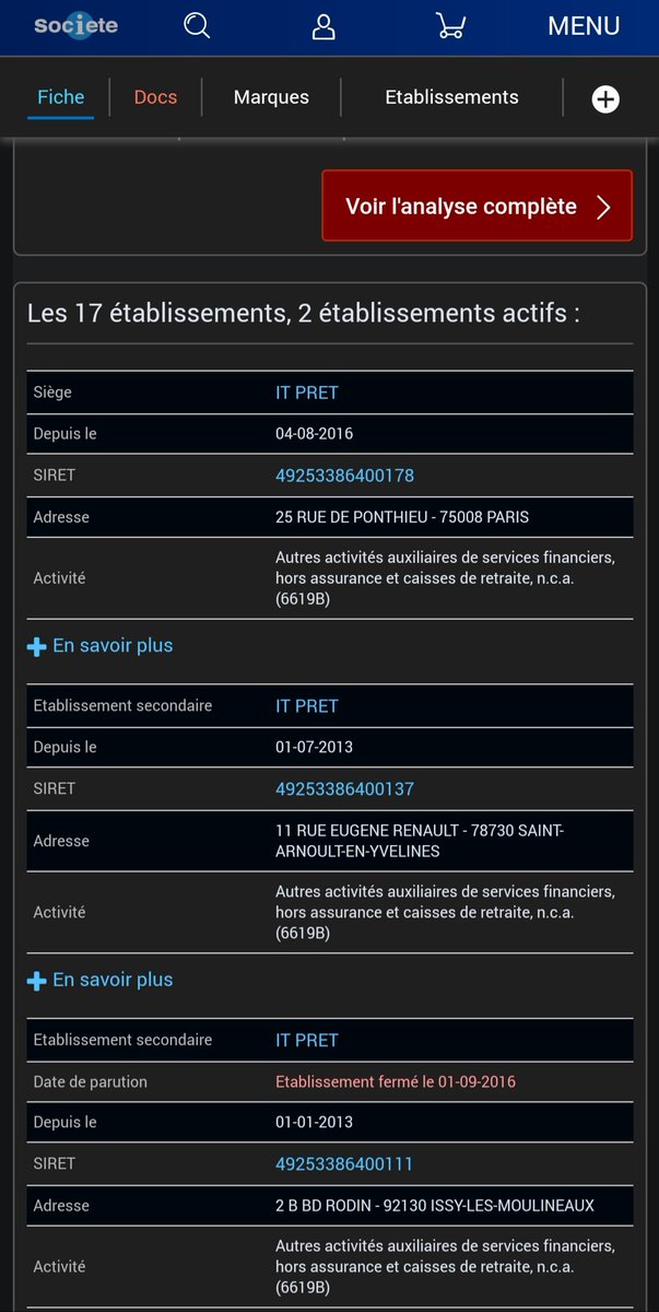 Il n'y a qu'un seul lien fonctionnel, l'autre menant vers une société qui ne sert à rien en apparence mais qui garde un établissement actif et le siège ouvert en 2016 à Paris, adresse similaire à celle du Groupe ainsi qu'une grande partie de vos sociétés.  https://www.societe.com/societe/it-pret-492533864.html#etab
