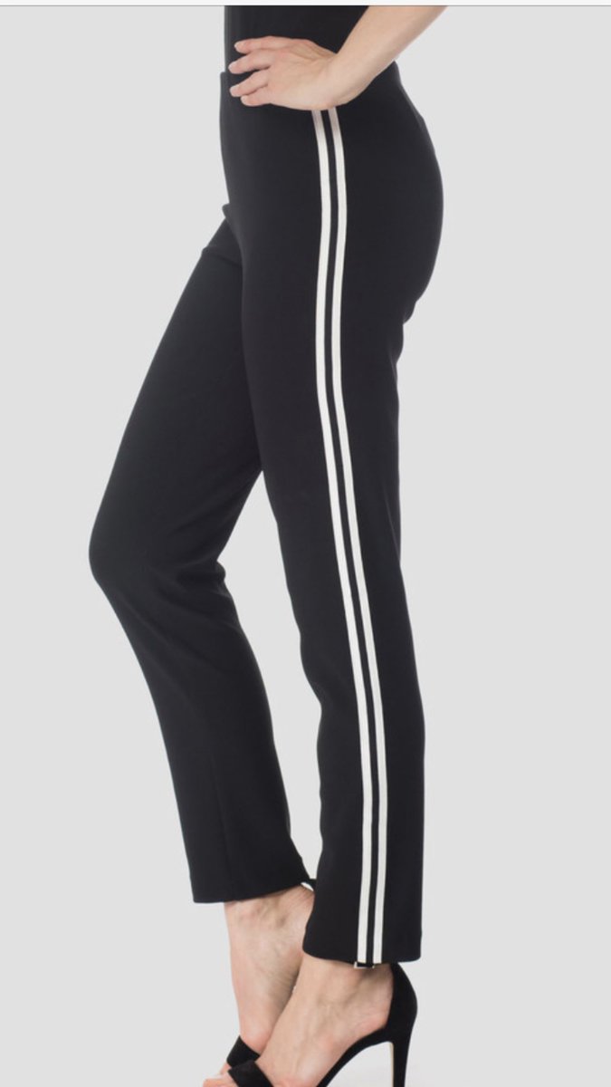 Joseph Ribkoff designer twin side stripe jersey pull on black pants for a smart casual on trend look team with a boyfriend jacket or denim jacket now on sale size 10 12  #ontrendlook #casual #designer