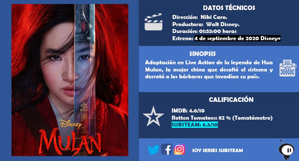 SSubsteam's tweet photo. Abro hilo de mi oponión sobre la nueva #Mulan 2020
Partiendo del hecho de que la leyenda de #HuaMulan, es una que existe desde el Siglo IV, y que basándose en ella se han hecho novelas y varios filmes, incluida la muy libre adaptación animada de #Disney en 1998... https://t.co/Al1I4XW6NM