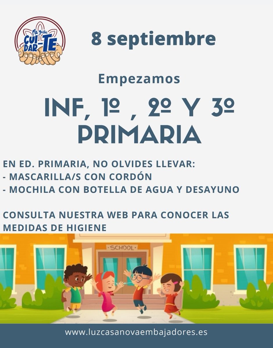 lce_feye's tweet photo. ¡La vuelta al cole ya está aquí!Infantil, 1°, 2° y 3° de primaria empezamos el martes 8 de septiembre📅
¿Aún no conoces las medidas de higiene del centro?💻Visita nuestra web
(Los alumnos de primaria pueden venir en chándal corto)
#megustacuidarte #serparalosdemás https://t.co/bqCWMVcTKJ