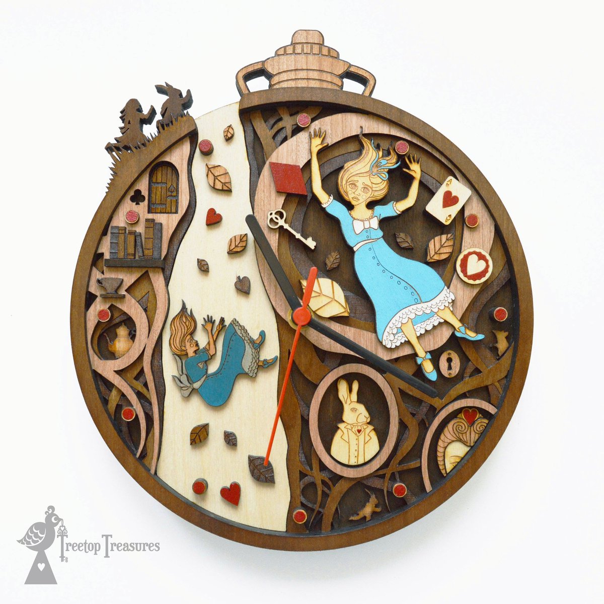 COMING SOON.... #AliceInWonderland #Sneakpeek #TreetopTreasures #Lasercutting #Engraving #AliceClock #LasercutClock #CelebsforSmallBiz #Queenof #WoodenArt #RabbitHole