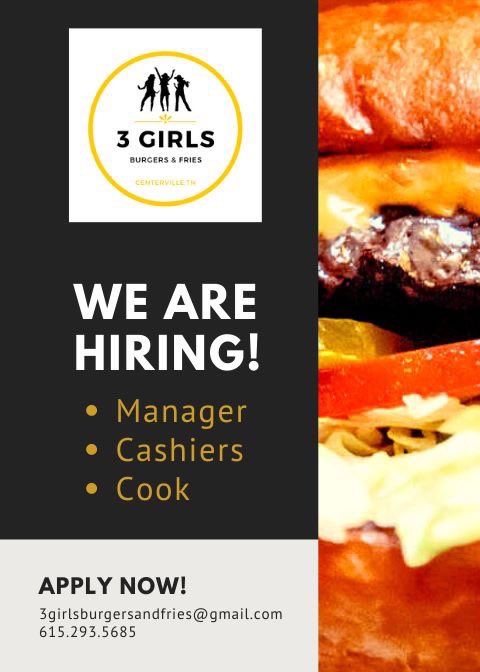 We are excited that a new restaurant will be locating on the Centerville Square! 3 Girls Burgers and Fries in Centerville is hiring for the following positions: manager, cashiers and line cooks.  Competitive compensation with profit sharing for management candidates is offered.