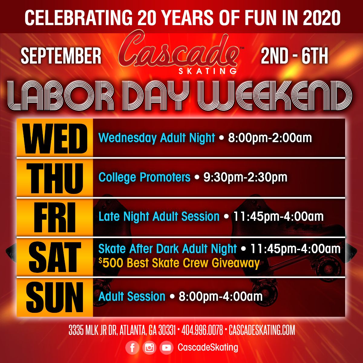 EricBlack41's tweet image. ****Tonight**** 7pm-11pm Family Session &amp;amp; 11:45am-4am Labor Day Weekend Late Night Adult Skate @ Cascade Skating Rink - mailchi.mp/07a12cce8715/4…