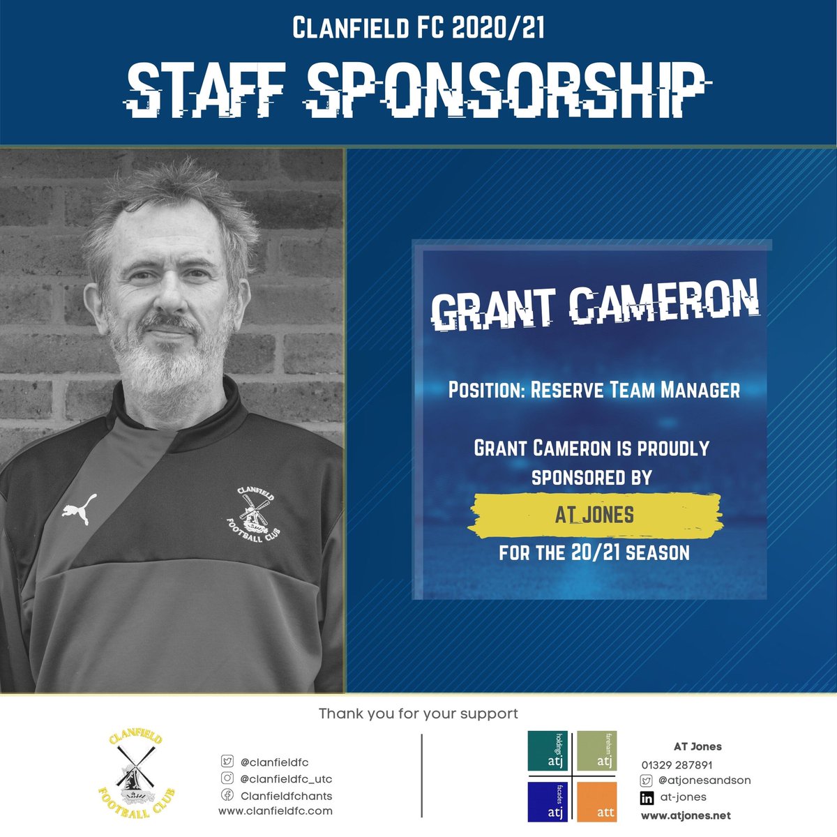 clanfieldfc's tweet photo. Next up is our reserve team manager @GR4NTCameron who joined us from Alton last season, always a tough job being a reserve manager in the @wyverncombfl but Grant brings great experience to the team plus he is also a karaoke king 😳🔵🌑 #UTC #ATJones #sponsorship #clanfieldfc https://t.co/UZhtZZCqM9