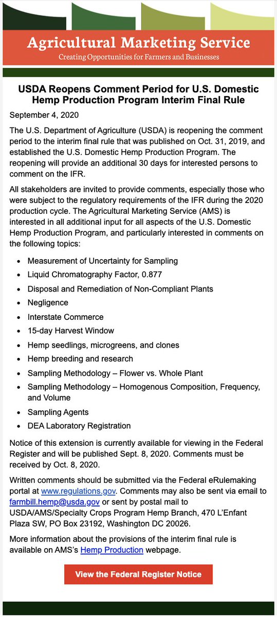 GlobalHempAssoc's tweet photo. And here's a screen grab of the @USDA's email announcing the opening of a new Comment Period re. the #IFR for #IndustrialHemp.

#hemp 
#regulations https://t.co/KwXj4KBsfY