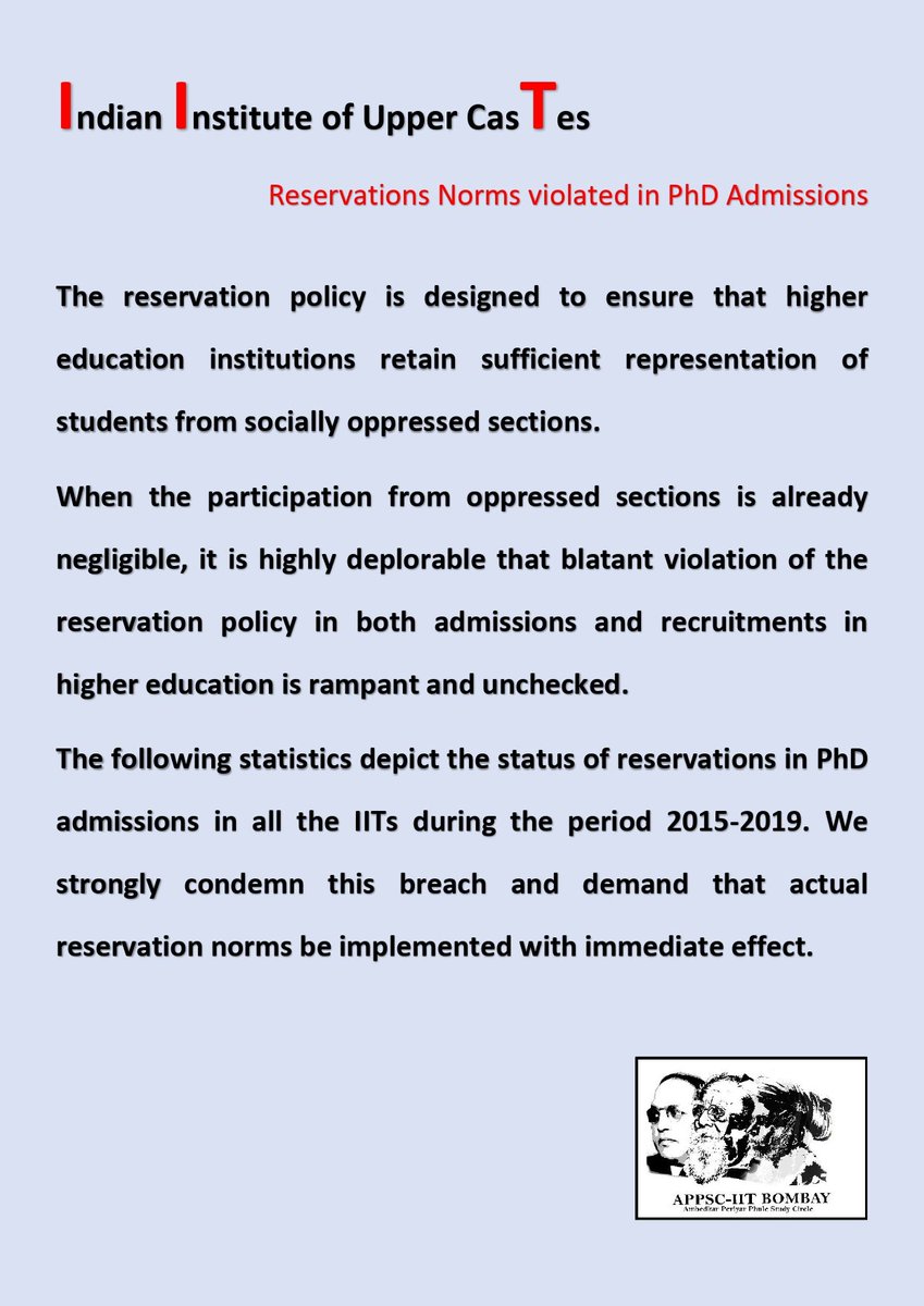 AppscIITb's tweet photo. Reservations Norms violated in PhD Admissions
3773 students from SC, ST and OBC categories were denied their seats in PhD admission from 2015-19
#reservation #iitsarecasteist #implimentreservations #scstobcreservation #IndianInstitutesofUpperCastes
@ifwedonotrise https://t.co/Xn0BU9wemr
