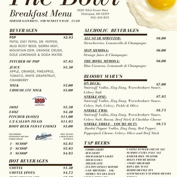 BowlShakopee's tweet photo. Breakfast at Shakopee Bowl Saturday and Sunday 9am - 11am.  Text or call 651-503-3038 for reservations.   Come try the deep fried French toast that is getting great reviews.   #shakopeebowl #hometownbar #breakfast #bloodymarys https://t.co/VNnSK1mGhj
