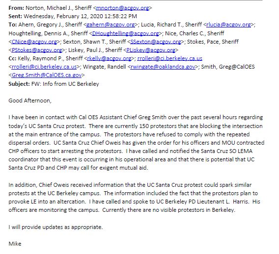 Another example (of many): As UCSC students were being violently arrested on Feb. 12th, UC Berkeley PD were "monitoring the campus" around Sproul Plaza for a possible solidarity demo that never happened. Alameda sheriffs, Oakland PD, and Berkeley PD were all preparing. 3/