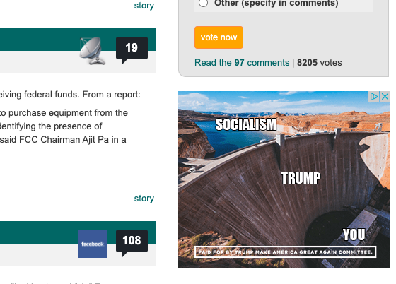 jhamner's tweet image. Not sure which genius thinks #Slashdot is full of far right voters, but this was quite a surprise to see in the ads.