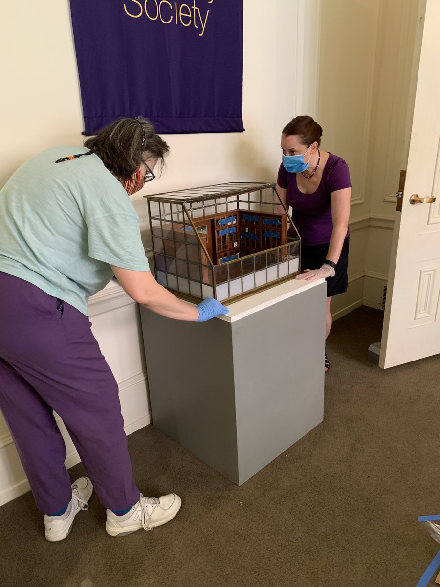 The  #Rosenstaff is carefully installing it for visitors to see once we reopen. Our librarian is even cataloging each of the tiny bound books for our fine press collection! Penny for scale.