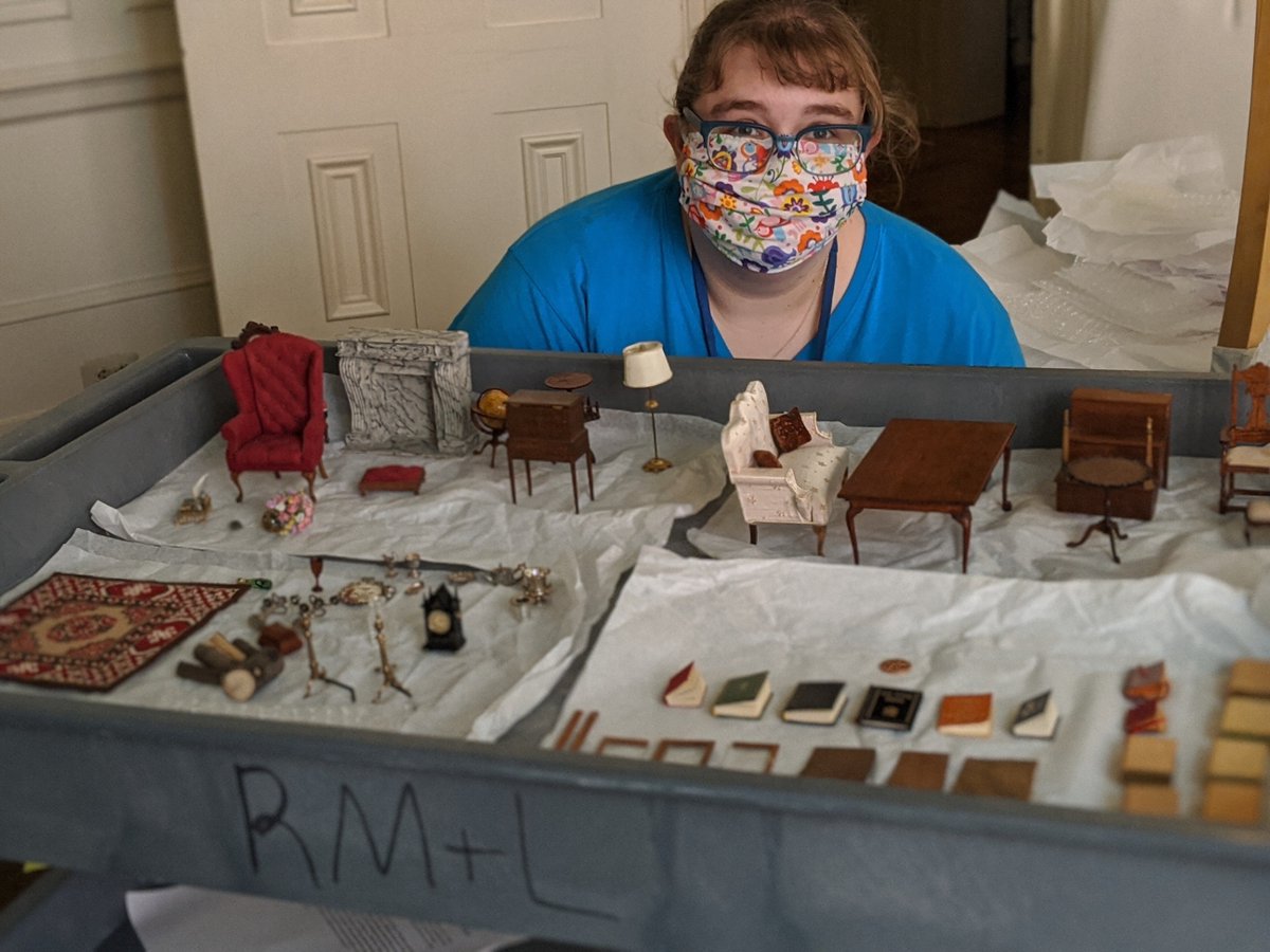 The  #Rosenstaff is carefully installing it for visitors to see once we reopen. Our librarian is even cataloging each of the tiny bound books for our fine press collection! Penny for scale.