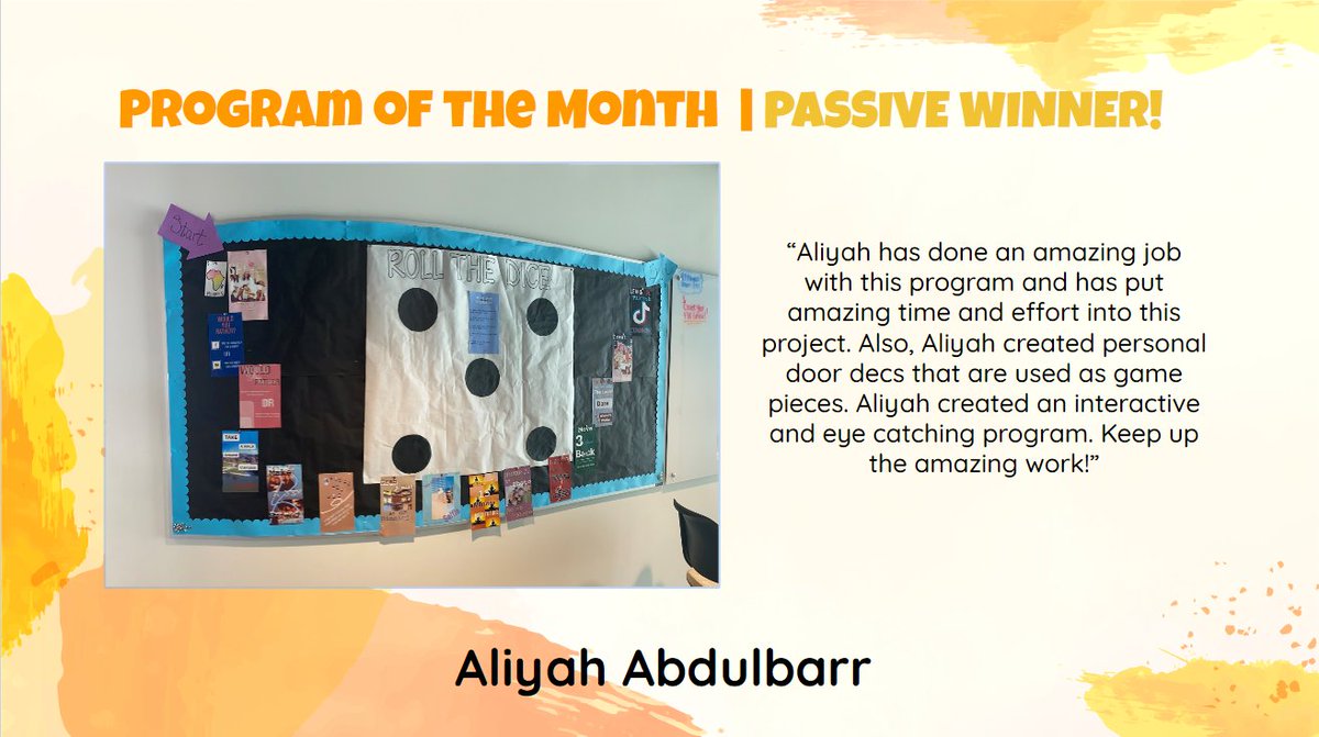 fsu_reslife's tweet photo. Celebrating our staff! RA Aliyah created a fabulous passive program for her residents using her bulletin board, door decs, and some internet interaction as well. Great job Aliyah!

#frostburgliving
#frostburgstateuniversity
#ofthemonthwinner https://t.co/SeqOXHVl8G