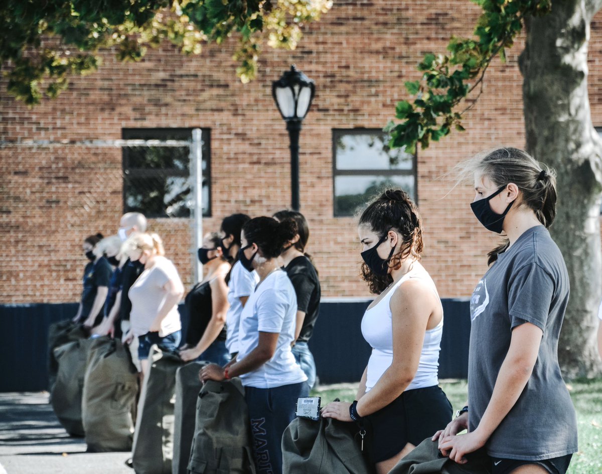 MaritimeCollege's tweet photo. Indoctrination began today as new cadets moved onto campus and were issued their uniforms and sea bags. #MaritimeCollege #INDOC2020 https://t.co/4aahWFWTN3
