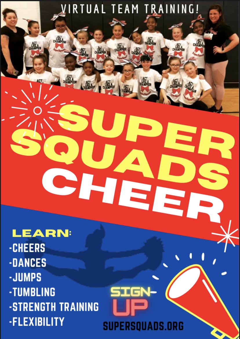 Ms_Via1's tweet photo. School is about to start which means SuperSquads cheer will be back in session! Sign up for virtual practices or email me with more questions! https://t.co/ogwVE2B02G