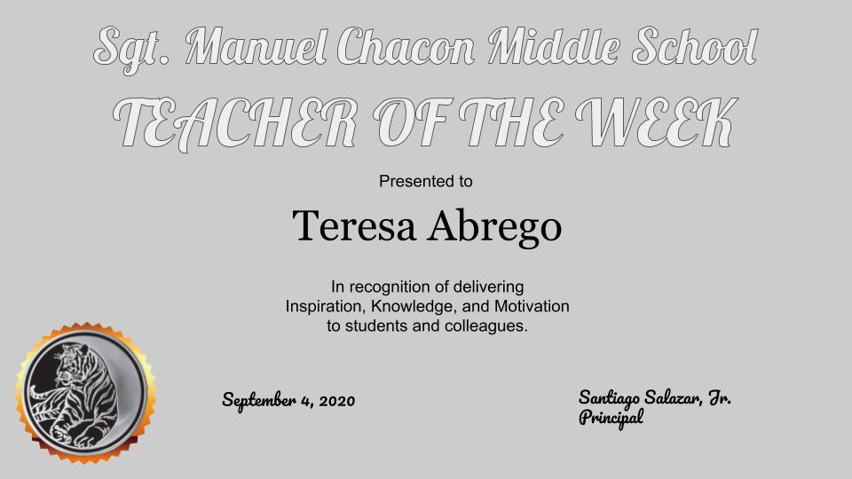 ChaconSgt's tweet photo. Congratulations to Coach  Teresa Abrego. Teacher of the Week for Chacon MS. Thank you for a job well done !!
#ChaconStrong #WEARETHEBEST @MercedesSchools https://t.co/rpueeOOwxH