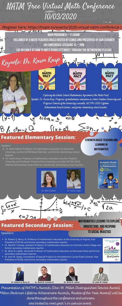 NATMathematics's tweet photo. CALLING ALL MATH TEACHERS!!!
NATM is having a FREE Virtual Conference on Oct. 3rd Featuring Dr. Karen Karp as a keynote, an Elementary Session, and a Secondary Session! Followed by a Math Teacher Circle and a few Un-Conference Sessions! Register at https://t.co/65mcoUqsXn https://t.co/aJbRgo3YaI