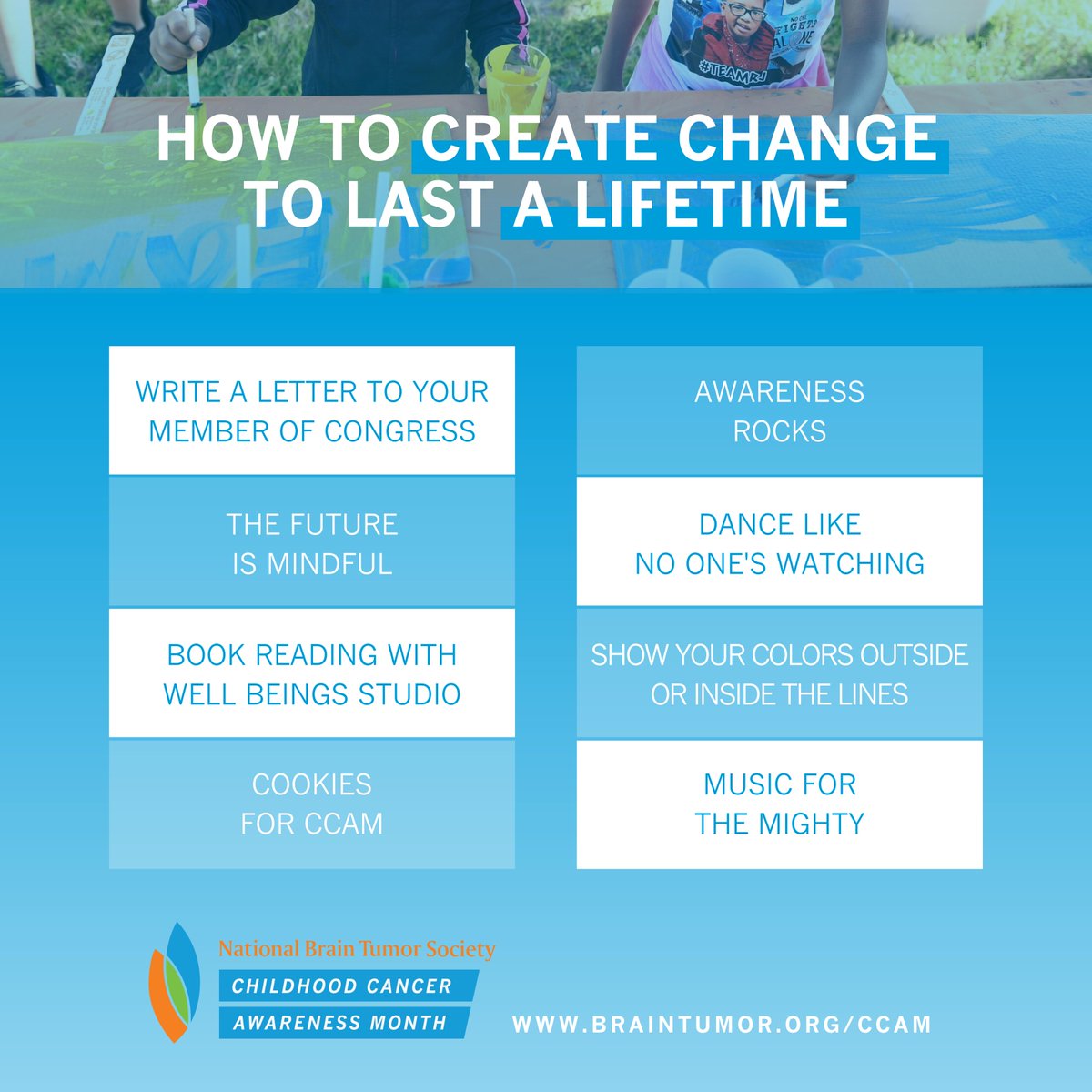 NBTStweets's tweet photo. This #CCAM you can help #CreateChange to last a lifetime in a number of ways, no matter your age or location! We've assembled family-friendly activities to get creative for the cause: https://t.co/tSlYdkU30g #PediatricBrainTumor https://t.co/aayhXTrjUP