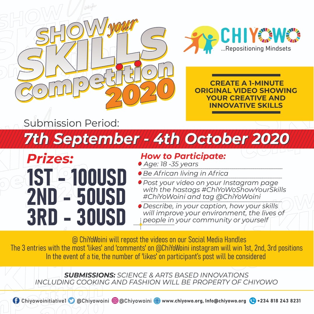There’s greatness in every African...Let’s Show it to the world
#ChiyowoShowYourSkill competition 
<a href="/ogbenidipo/">Dr Dípò Awójídé</a>
<a href="/bizzleosikoya/">Bizzleosikoya.eth</a>
<a href="/thenanaaba/">nana aba</a>
<a href="/genakhena/">Godwin Enakhena</a>
<a href="/AIT_online/">Africa Independent Television</a> 
<a href="/channelstv/">Channels Television</a> 
<a href="/NTANewsNow/">NTANetwork</a> 
<a href="/TVCconnect/">TVC Entertainment</a> 
<a href="/SABCNews/">SABC News</a> 
<a href="/CNNAfrica/">CNN Africa</a> 
<a href="/BBCAfrica/">BBC News Africa</a>