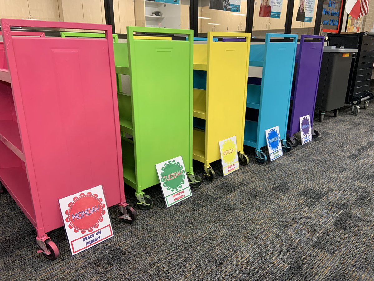 LionsLibrary's tweet photo. The Quarantine Carts are ready to go! A few cans of spray paint helped turn boring beige into a whole lotta fun (&amp; saved $)! So excited for kids safely on Tuesday! 🦁❤️📚 #hamiltonpride #CFISDspirit #library https://t.co/0ghTGfdpVG