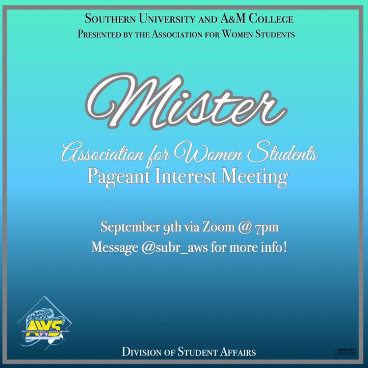 ChandlerVidrine's tweet photo. AWS is looking for a king! ππ Do you have what it takes? Find out the requirements Wed., Sept. 9th at 7pm via zoom! π€©The link is in their bio! The ladies of #slAyWS canβt wait to see you there! π Tag a #SU gentleman below who youβd like to see compete for the crown! π€΄πΎ https://t.co/ThYmsnt5m6