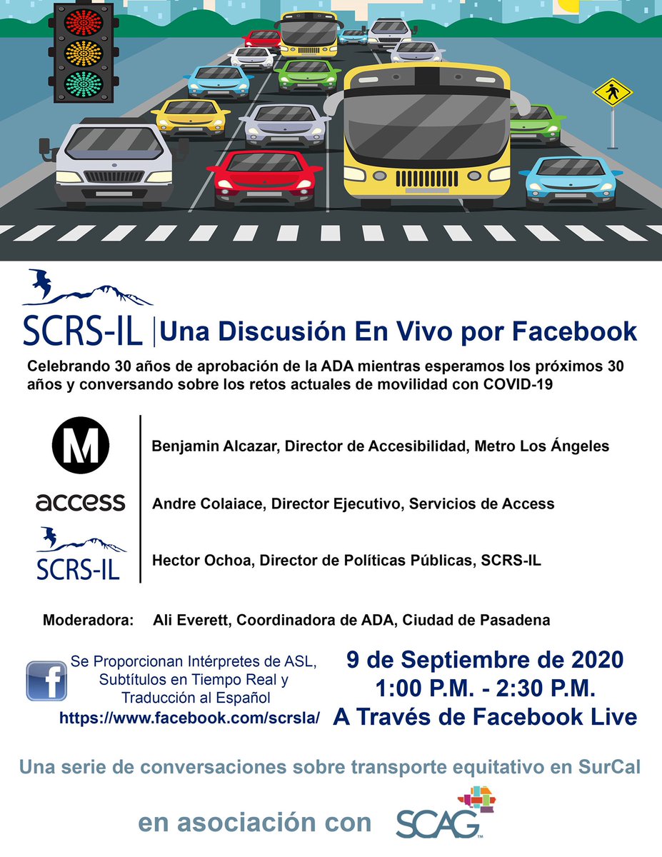 scrsla's tweet photo. Join us, @metrolosangeles , #AccessServices and @SCAGnews for a Facebook Live Discussion, moderated by Ali Everett, Accessibility Coordinator with the City of @PasadenaGov https://t.co/DnbeX3aWwx