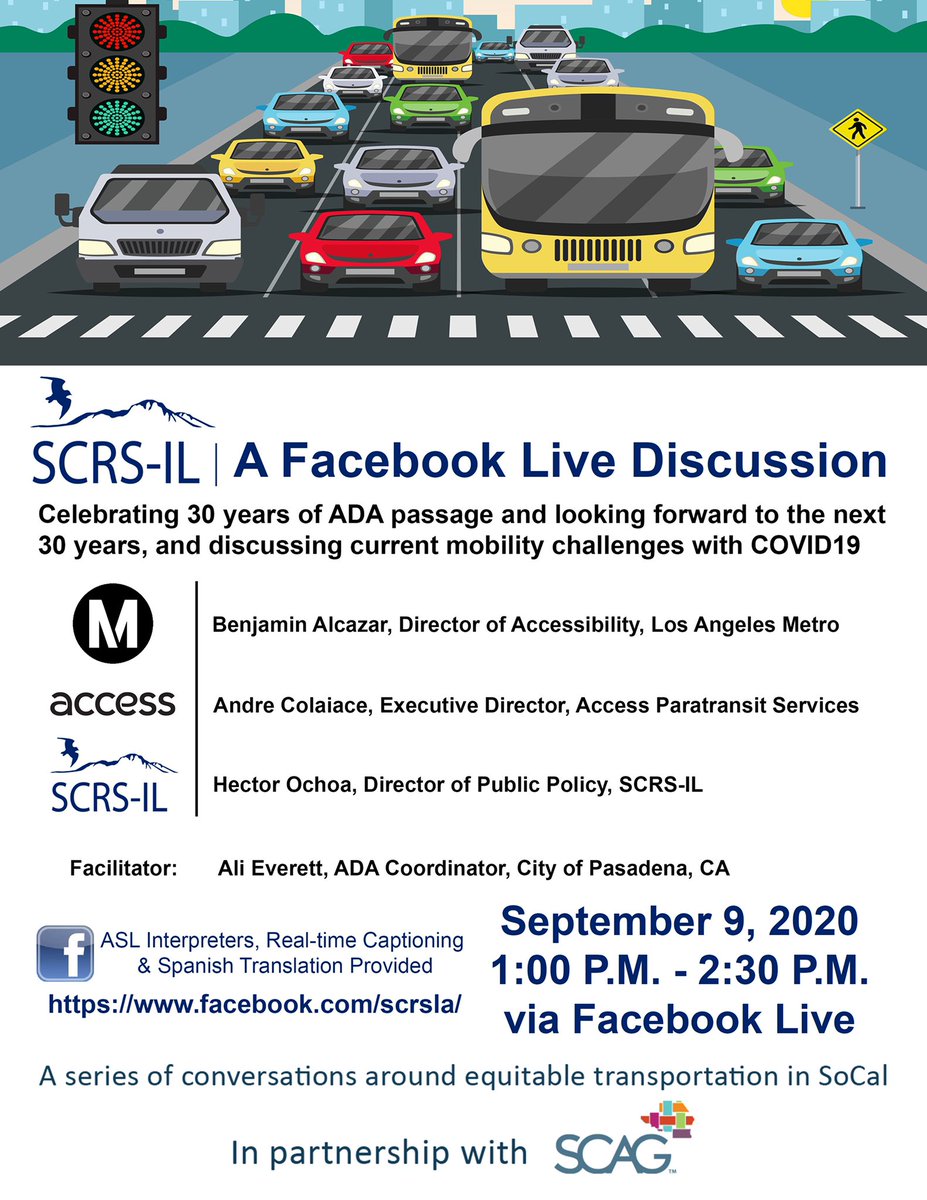 scrsla's tweet photo. Join us, @metrolosangeles , #AccessServices and @SCAGnews for a Facebook Live Discussion, moderated by Ali Everett, Accessibility Coordinator with the City of @PasadenaGov https://t.co/DnbeX3aWwx