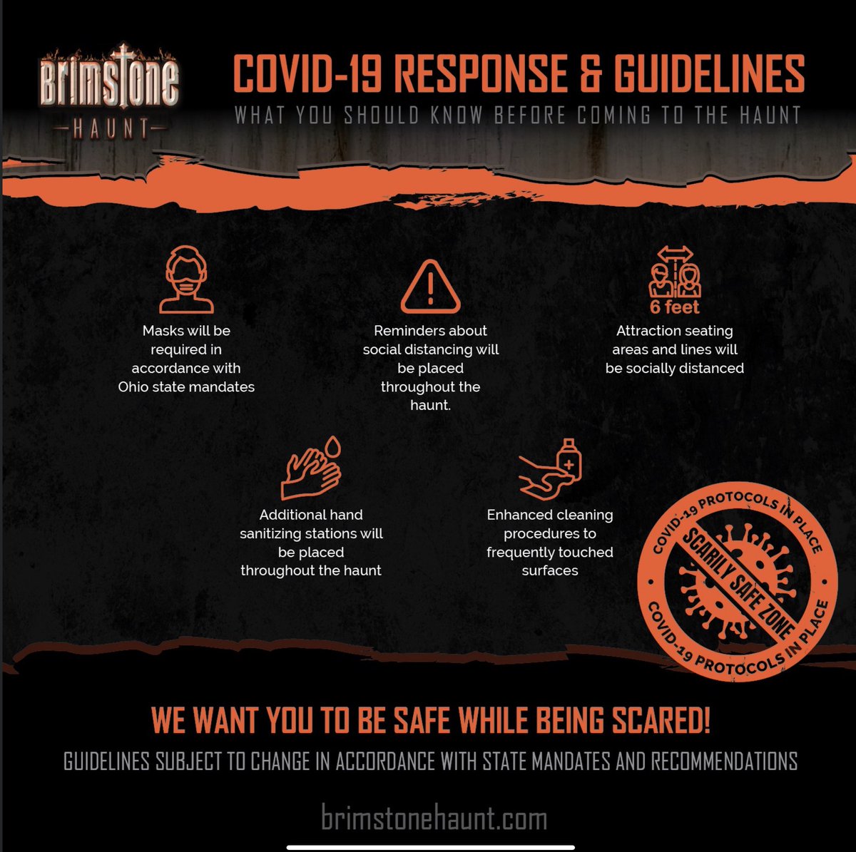 Brimstone Haunt wants to provide you with an outlet for your spooky season thrills. Help us maintain our haunt by observing the state mandated COVID-19 guidelines.
