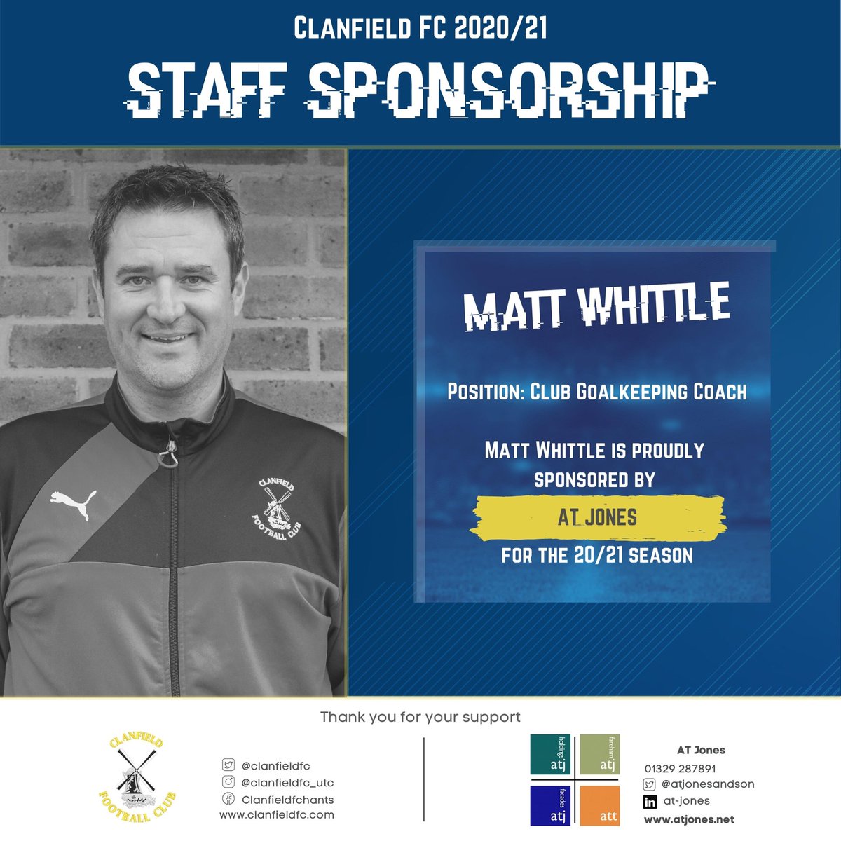 clanfieldfc's tweet photo. Next part of the management team is GK coach @Matt_Whittle - Matt will work closely with @AshleyW85748224 @garthdogg @JoeChoularton during the season to keep those clean sheets. @ATJonesandson are sponsors for our management team for 20/21 🔵🌑 #UTC #keepersunion #ATJones https://t.co/wyhKkAVCi9