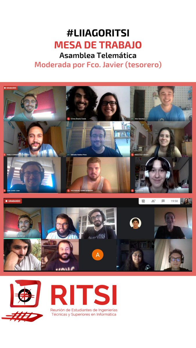 Hemos acabado el primer día de la #LIIAGORITSI con las mesas de trabajo y sus conclusiones, cuyos temas han sido:
- Plan estratégico anual. 🗒
- Asamblea telemática. 💻
- Privacidad y datos. 🔒

Moderadas por <a href="/Alicealo30/">Alicia Alonso</a>, <a href="/FranJMelchor/">Fran</a> y @sonia_hakunas respectivamente. 👌🏻