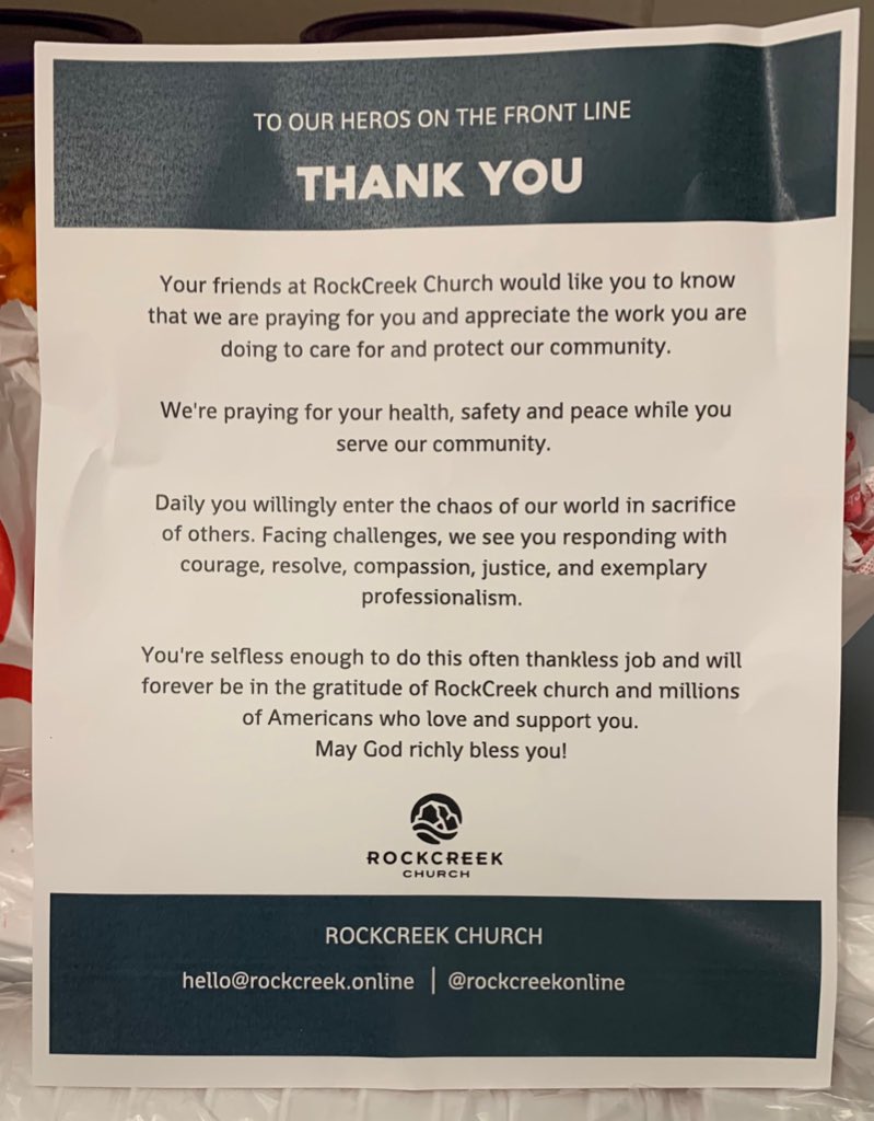 MarysvilleWAPD's tweet photo. Thank you so much to RockCreek Church for your gift of food and drinks to our officers and staff! We’re grateful each day for the support we receive from you and so many others in our community. https://t.co/PpOTOvIVLX