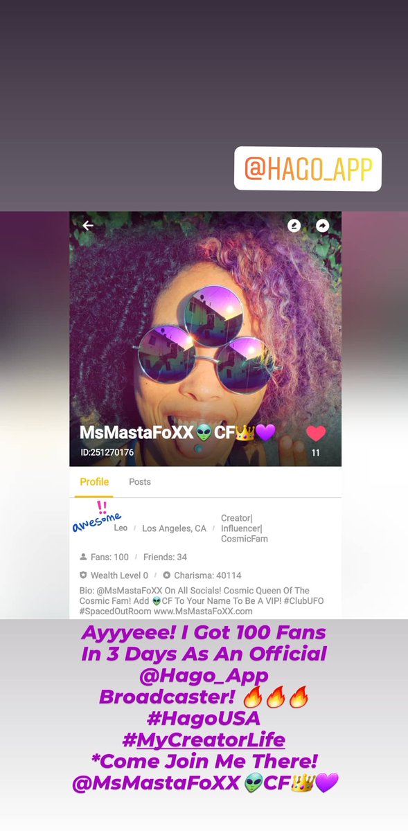 msmastafoxx's tweet photo. Ayyyeee! I Got 100 Fans In 3 Days As An Official @Hago_App Broadcaster! 🔥🔥🔥 #HagoUSA #Creator #MyCreatorLife #Broadcaster
*
Come Join Me There! @MsMastaFoXX👽CF👑💜
*
#CosmicFam #MsMastaFoXX #SpacedOutRoom #MyCreatorLife #Ayeelien #AyeelienInvasion https://t.co/S9EzhwgHW1