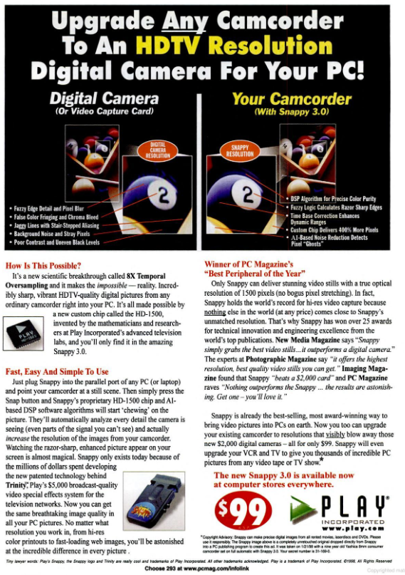 PC Magazine, june 9, 1998 has an advertisement for the Snappy which includes a picture of the chip.
