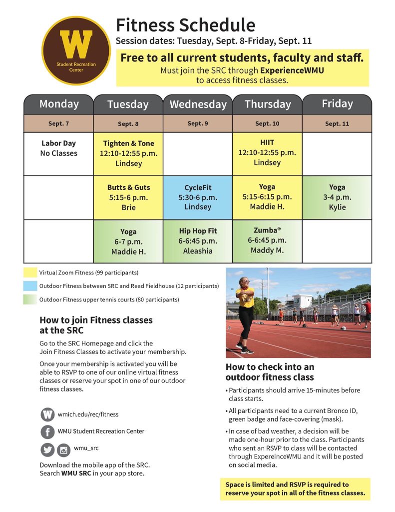 wmureccenter's tweet photo. Happy Friday SRC Fitness Family!
Virtual Zoom and Outdoor classes start next week!
Be Positive. Be Healthy. Be Active. Be Safe.
#BeWellWMU #WMUGoesVirtual https://t.co/1JkTtXRKi0