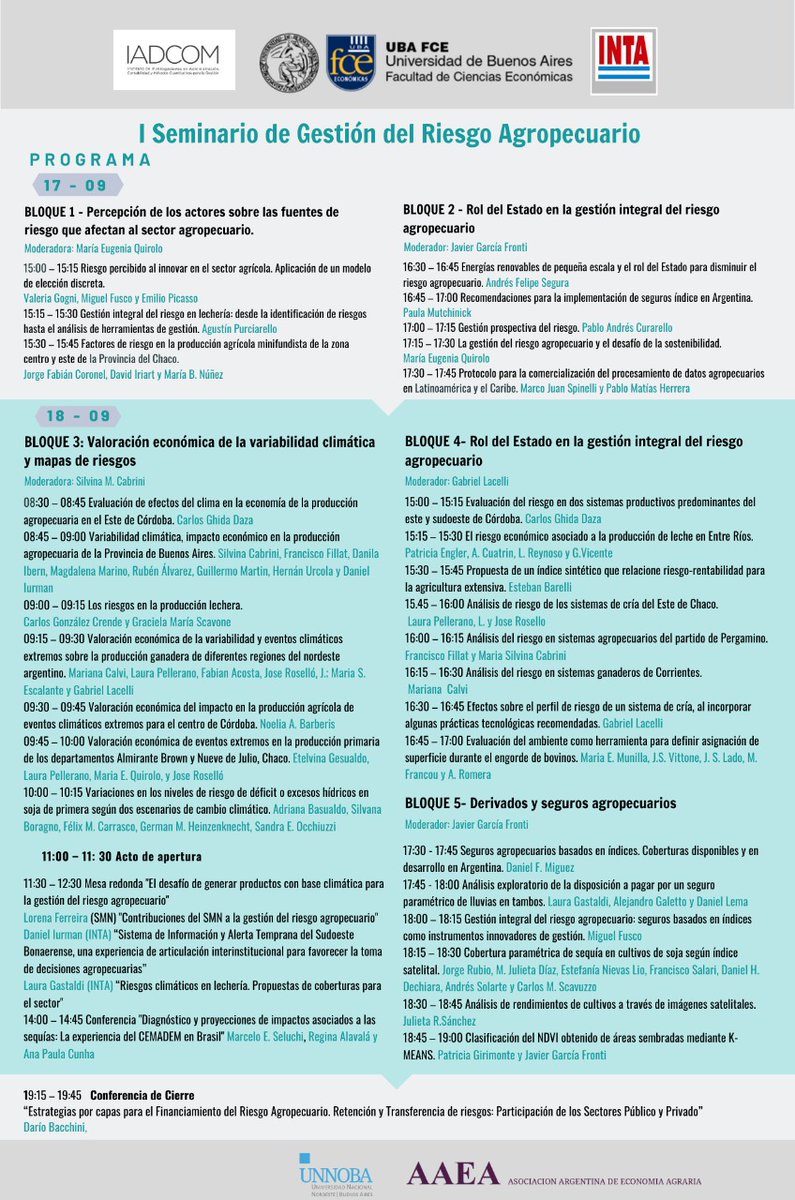 IADCOM_FCE_UBA's tweet photo. I SEMINARIO de GESTION del RIESGO AGROPECUARIO
17 y 18 septiembre 2020
@intaargentina @FCEinvestiga 
Programa completo: https://t.co/dqAkAcDRqL
Se transmitirá por: https://t.co/B3k3aeeqnO https://t.co/HcMlhoNBGB