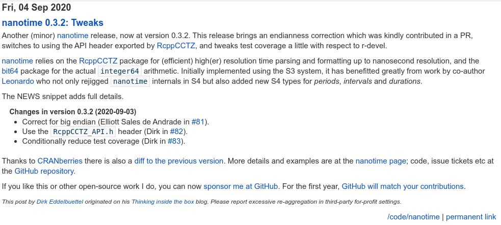 eddelbuettel's tweet photo. nanotime 0.3.2 on CRAN: Tweaks
High-resolution nanosecond time functionality for R
https://t.co/l8T6V3FojP
#rstats #rcpp #tinytest https://t.co/sm0qq1JfYA