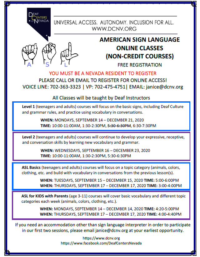 DCNVORG's tweet photo. DCN is now accepting enrollment for our fall ASL classes. All classes are completely FREE!!! See image for details. https://t.co/QTz5jD4izm