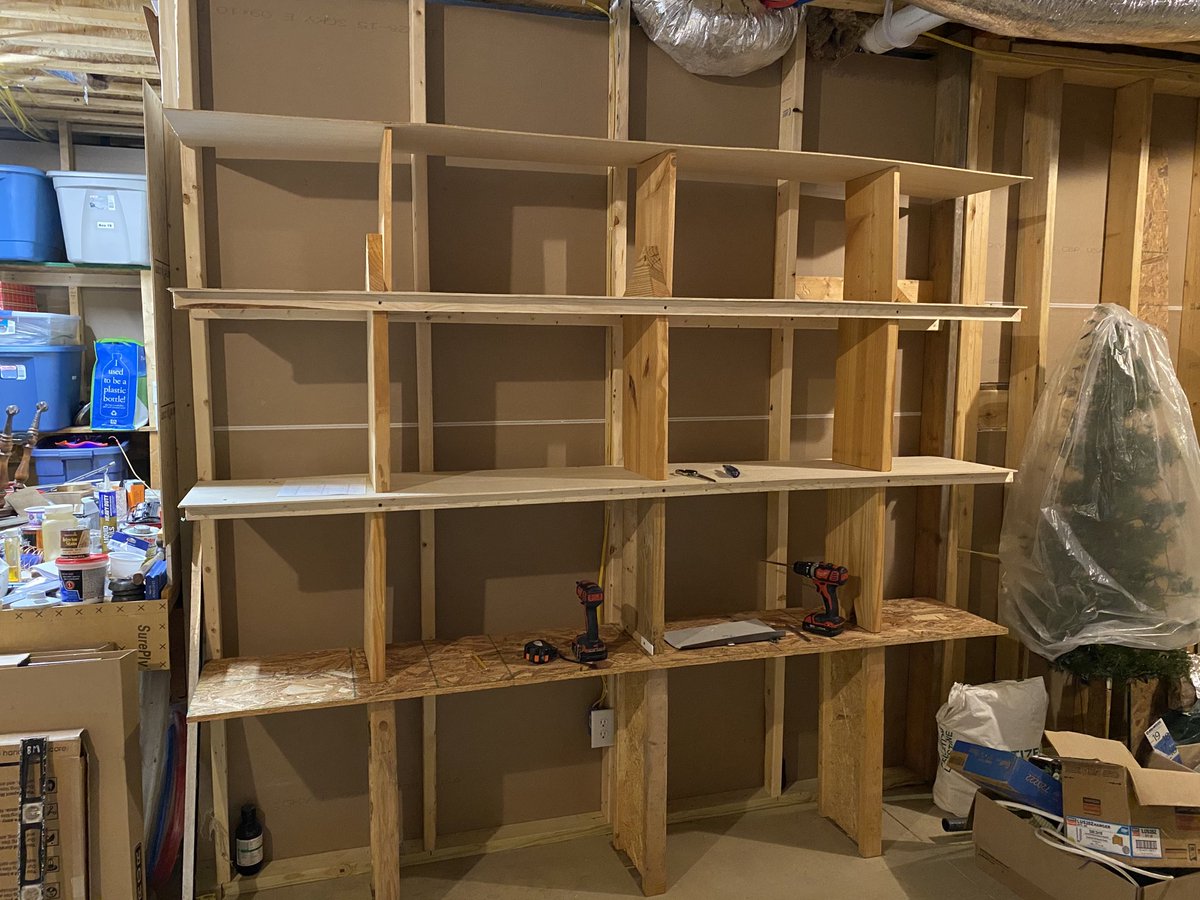BradMaisto's tweet photo. Almost finished shelving in the dry-storage portion of our basement, another “honey-doo” task about complete! #maistomountain #additionalstorage #scraplumberrepurpose #diyproject #honeydooproject https://t.co/x7IrQm1AmU