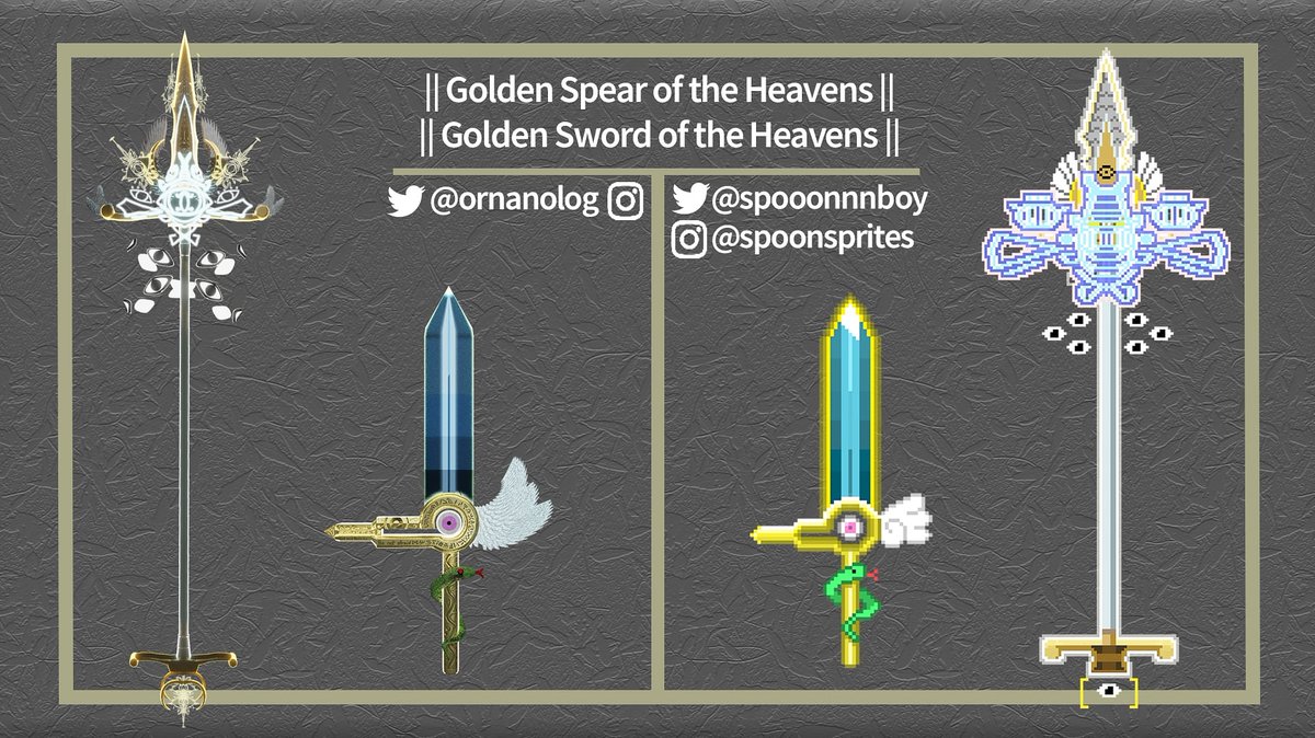 Joogleous's tweet photo. Golden Spear of the Heavens plus Golden Sword of the Heavens for the #weapondesignchallenge! 3D variants created by @ornanolog, along with the original design for the spear. #b3d #blender3d #pixelart #aseprite #art https://t.co/pEqnOlLh72