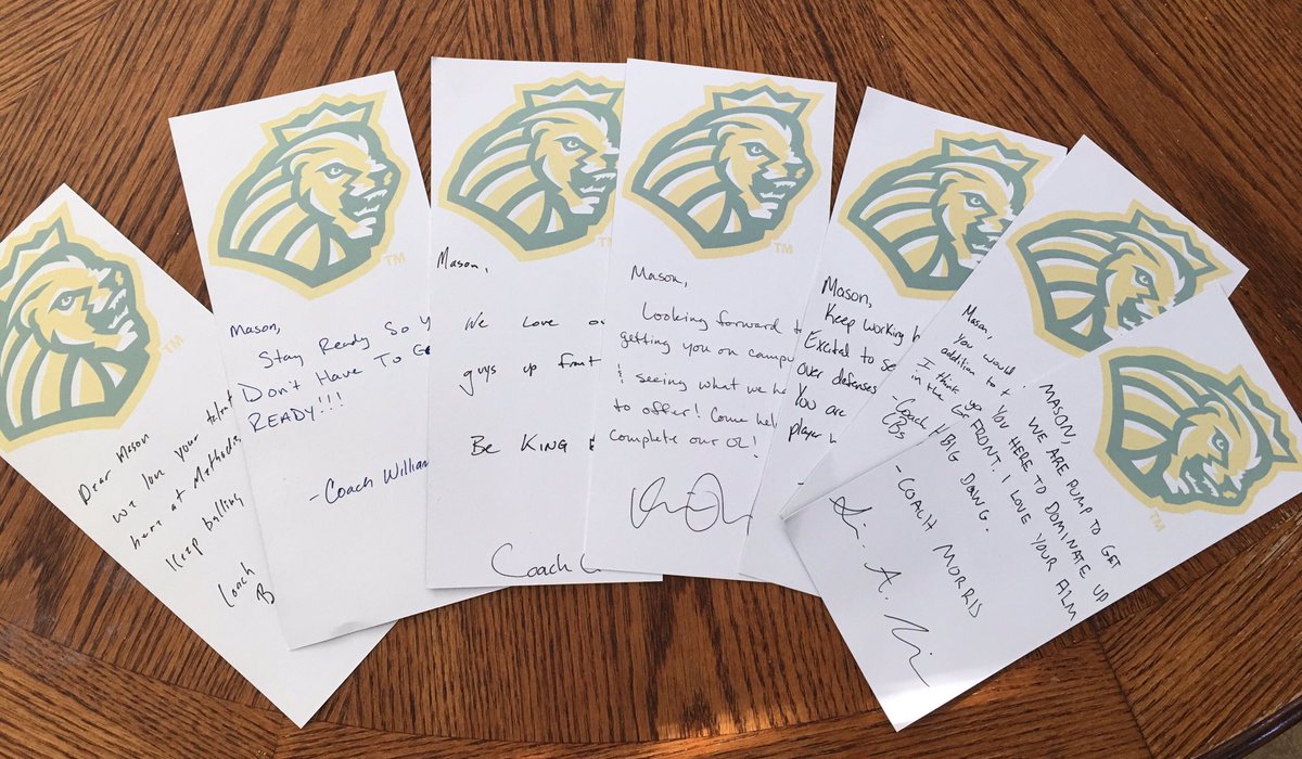 CoachCambo1's tweet photo. Thank you @CoachScottMU and the ENTIRE staff @ Methodist for sending @MasonFloyd10 handwritten letters following your offer. It is heart warming and very appreciated! 
#recruitthemountain
#methodistfootball
@CoachJReynolds 
#benlippenfootball https://t.co/R6CWQu6ASk