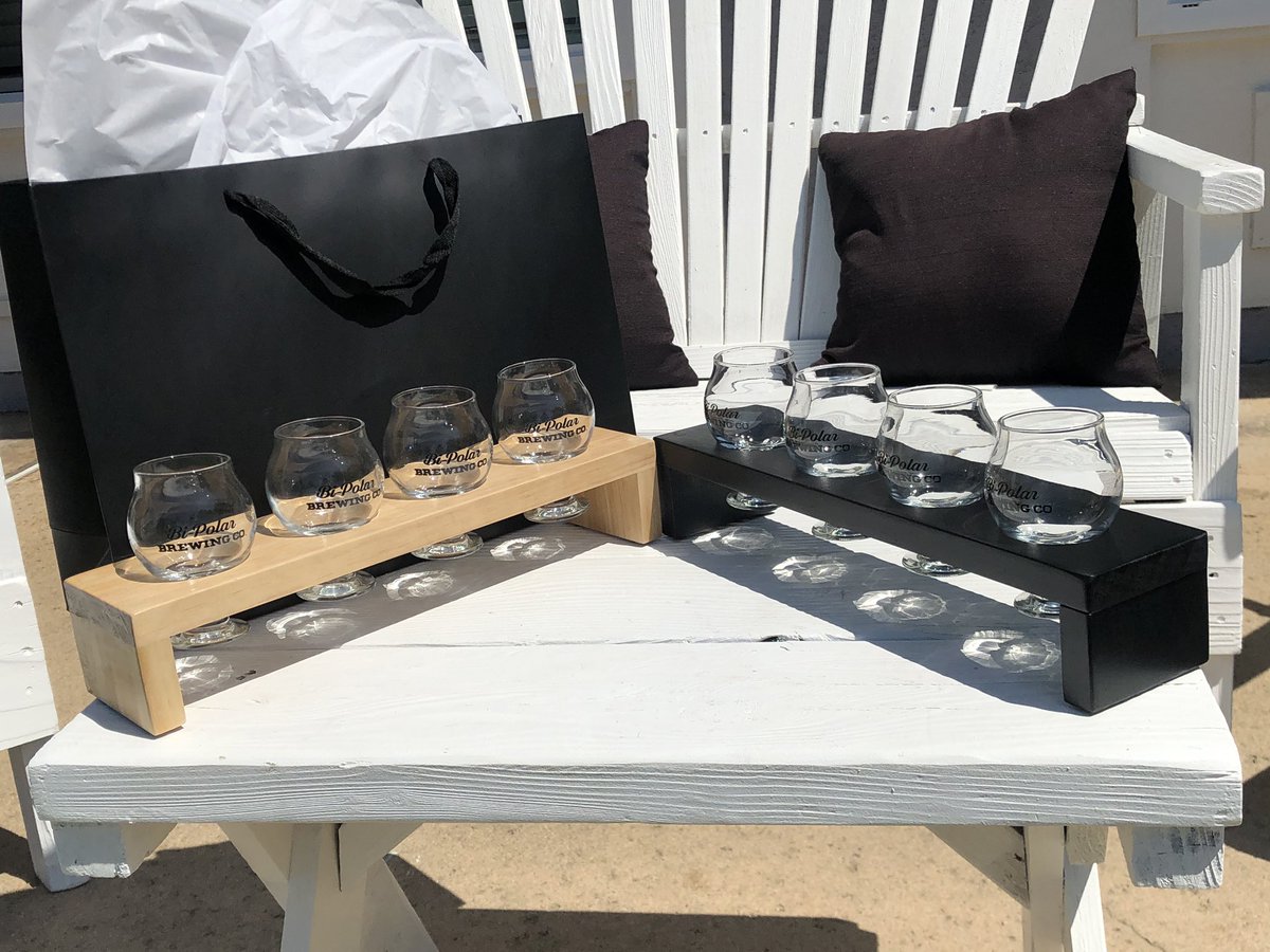 bipolarthreads's tweet photo. Our Bi-Polar Brewing Co. glassware is ready! 
Beer flight set, includes four 5oz pour glasses &amp; a wooden board.
Available in natural wood or black.
Ready for pick up this long holiday weekend. Thank you for supporting our brand✌🏽
 #craftbeer  #homebrew #drinklocal #cheers https://t.co/9qS1UumYxK