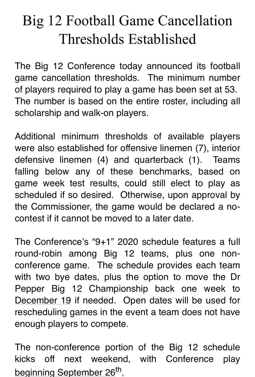 Big 12 announces game cancellation thresholds